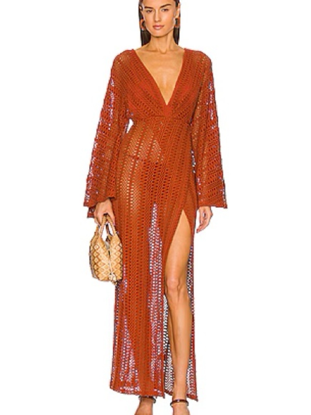 Michael Costello Rust Crochet V-Neck Swim Coverup